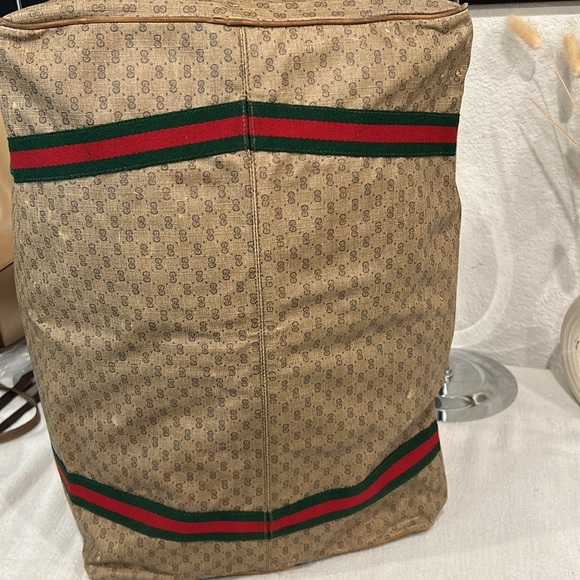 Gucci Duffle Bag GG Logo Canvas Brown Leather Trim Folding Travel Carry On - Picture 11 of 13